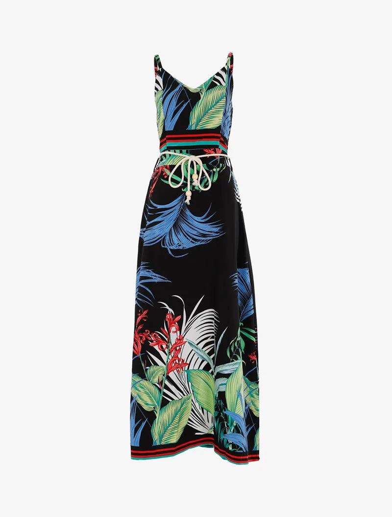 Kleid mit Blattdruck und gestreiften Details - schwarz