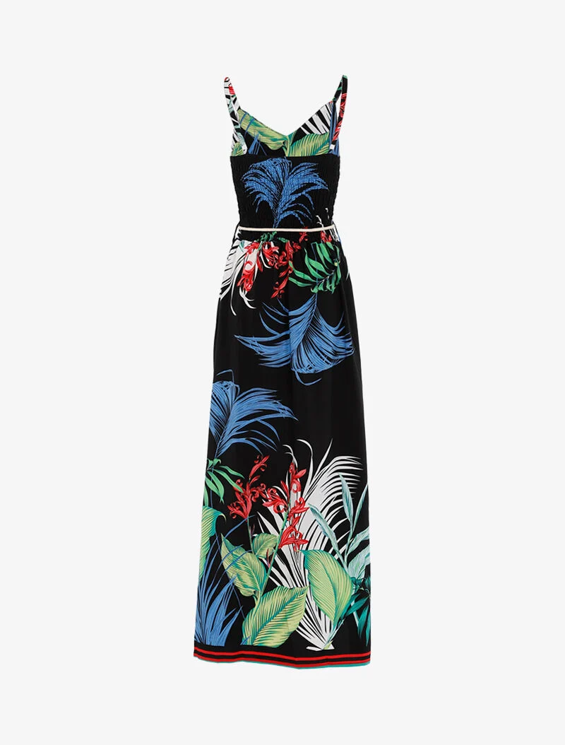 Kleid mit Blattdruck und gestreiften Details - schwarz