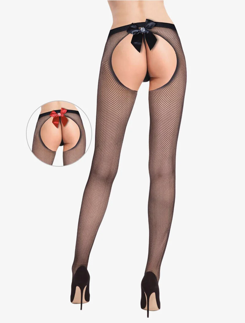 Strumpfhose mit großer, mit Strass besetzter Schleife - schwarz
