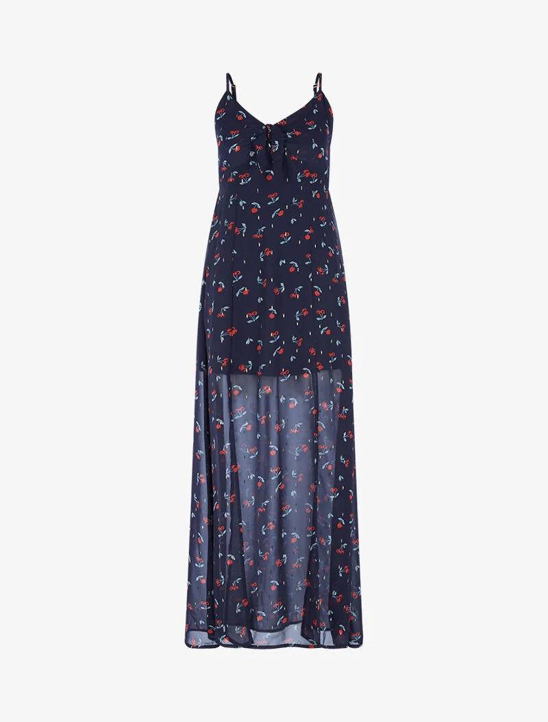 Langes Kleid mit Schlitz aus bedrucktem Voile. - Mitternachtsblau