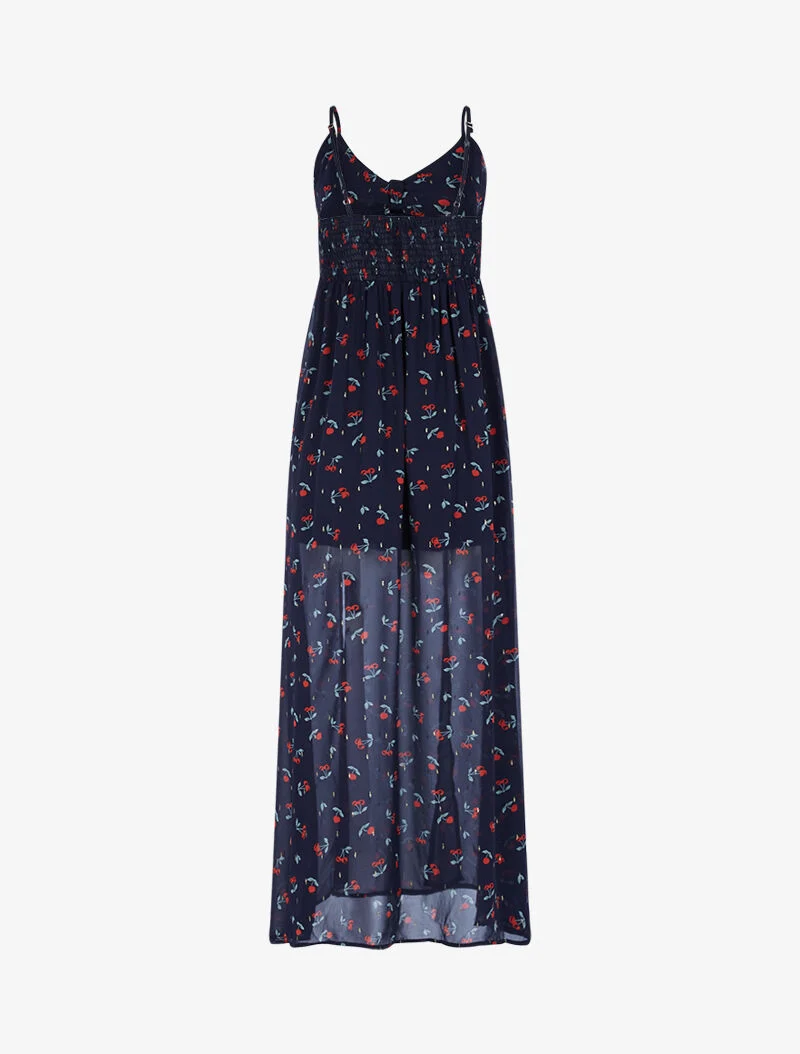 Langes Kleid mit Schlitz aus bedrucktem Voile. - Mitternachtsblau