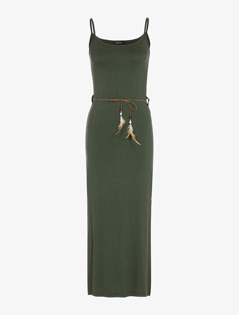 Langes Kleid mit seitlichen Schlitzen - Kaki