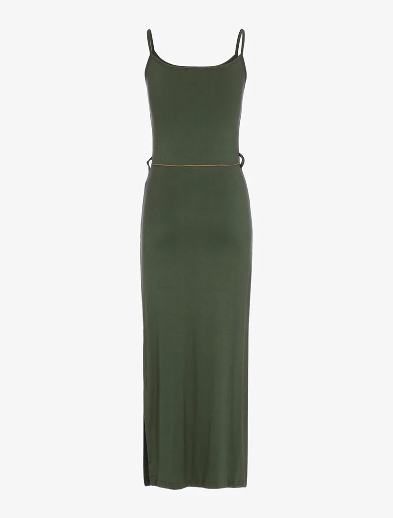 Langes Kleid mit seitlichen Schlitzen - Kaki