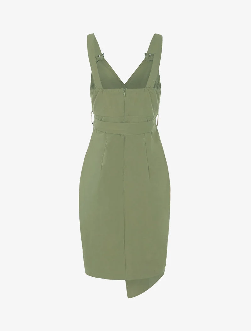 Ärmelloses Kleid mit dekorativen Knöpfen - Kaki