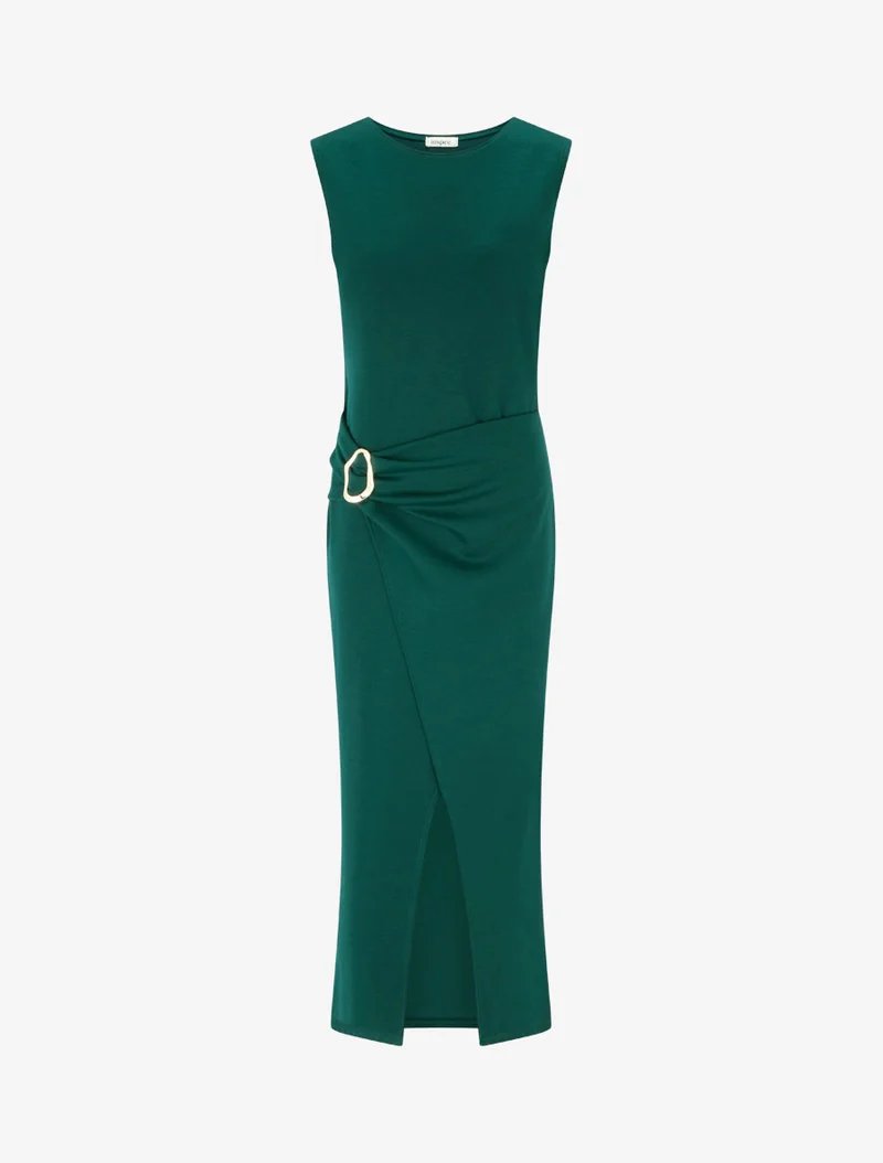 Langes Kleid mit Schmuckeinsatz und Schlitz - Tannengrün