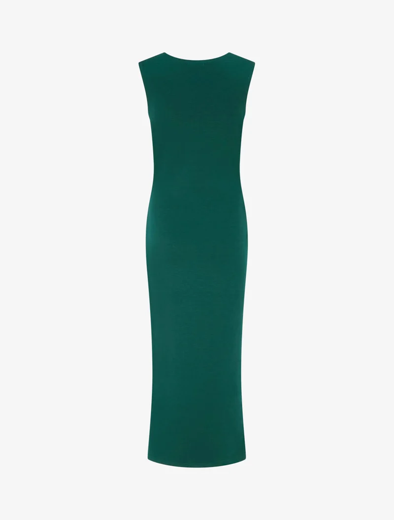 Langes Kleid mit Schmuckeinsatz und Schlitz - Tannengrün