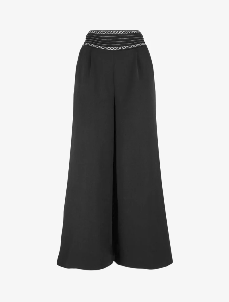 Weite einfarbige Hose mit Stickdetails - Schwarz