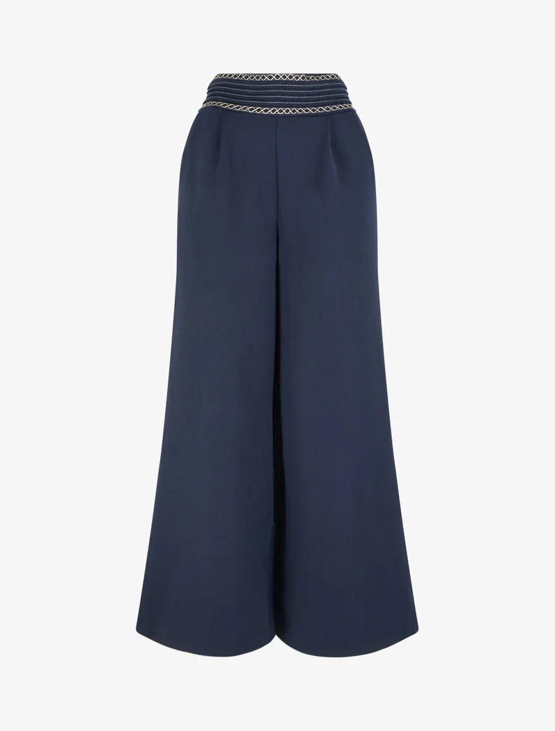 Weite einfarbige Hose mit Stickdetails - Marine