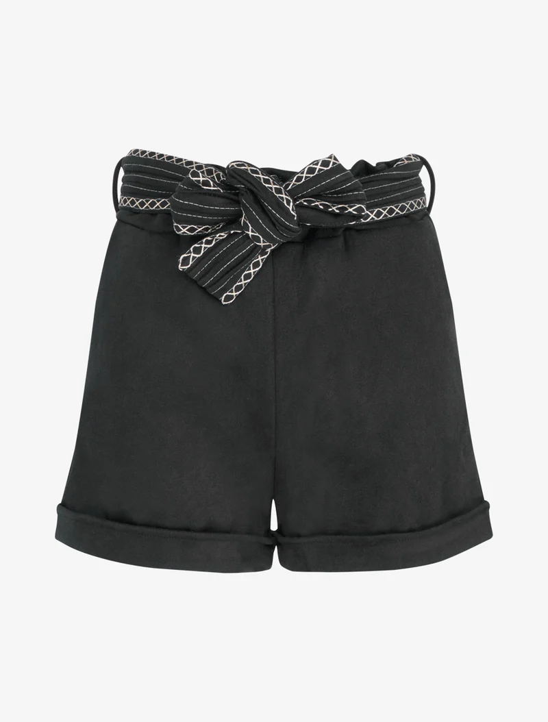 Velourshorts mit besticktem Gürtel - Schwarz