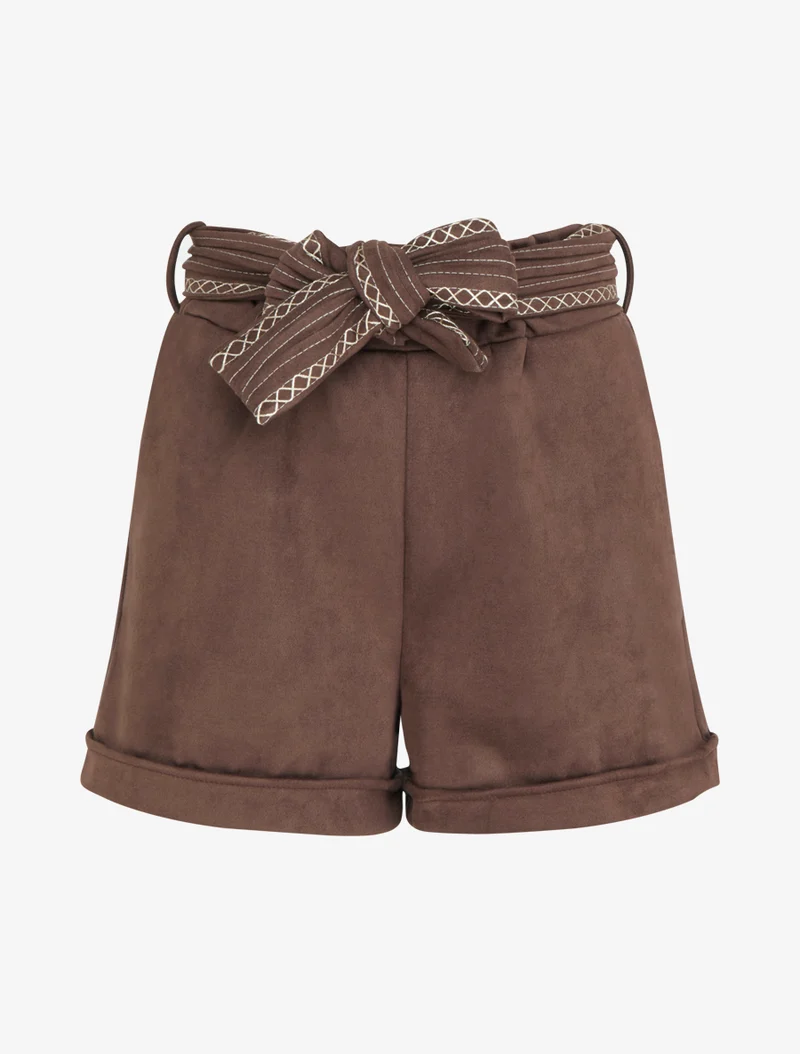 Velourshorts mit besticktem Gürtel - Braun