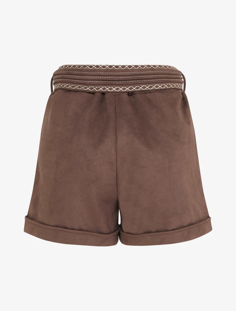 Velourshorts mit besticktem Gürtel - Braun
