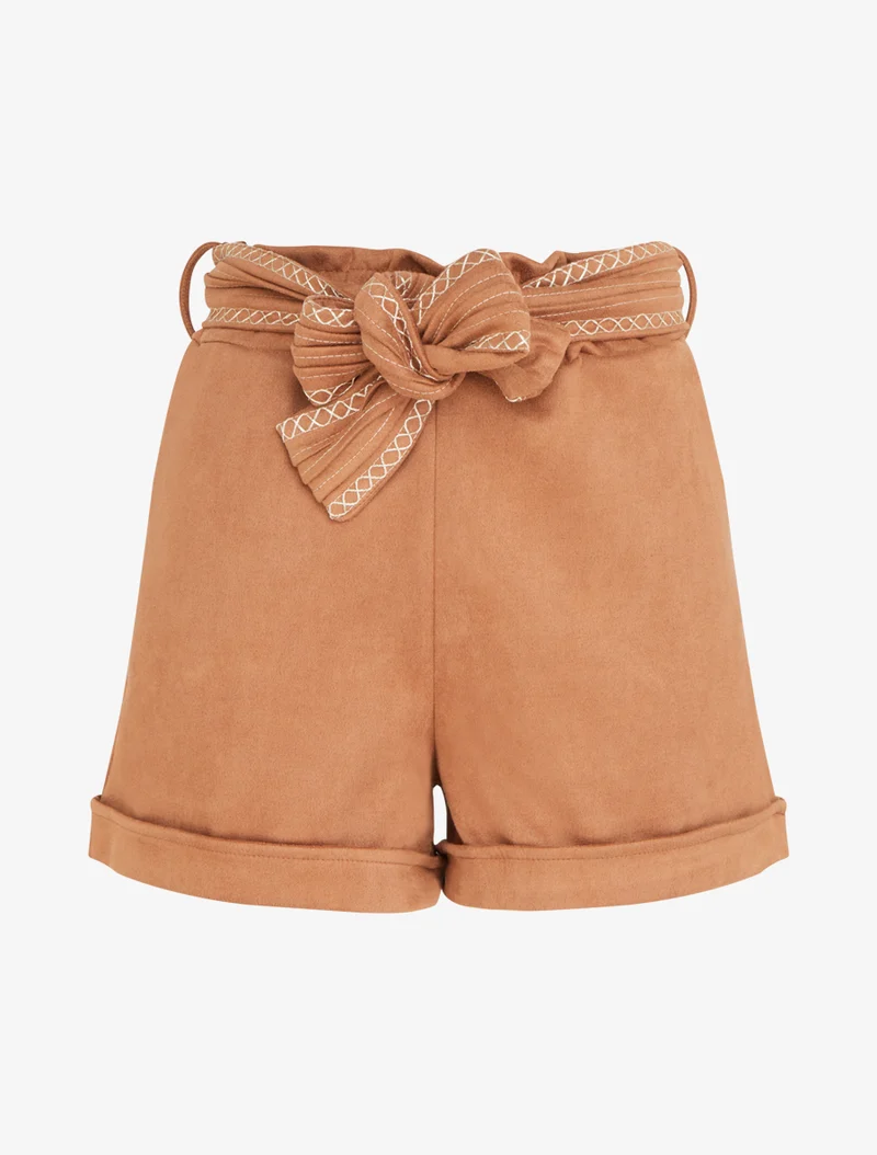 Velourshorts mit besticktem Gürtel - Kamel