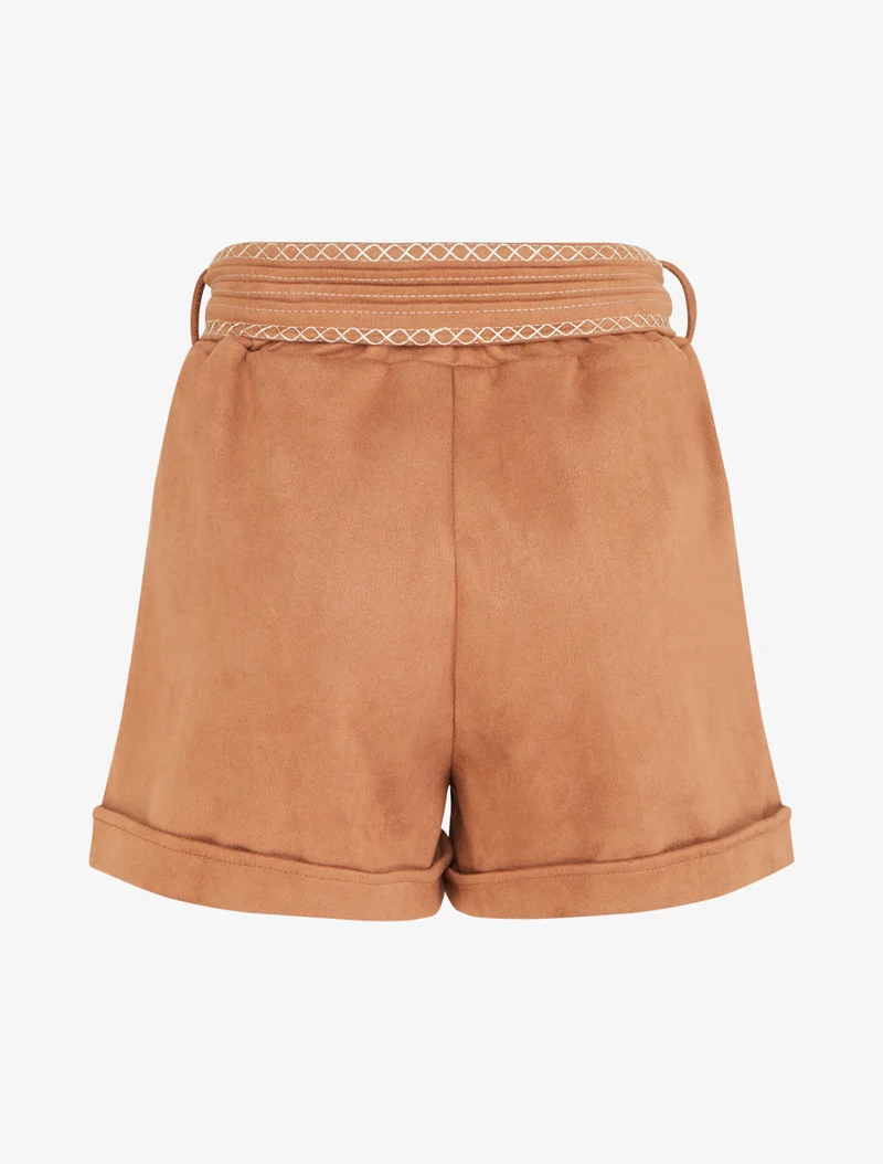 Velourshorts mit besticktem Gürtel - Kamel