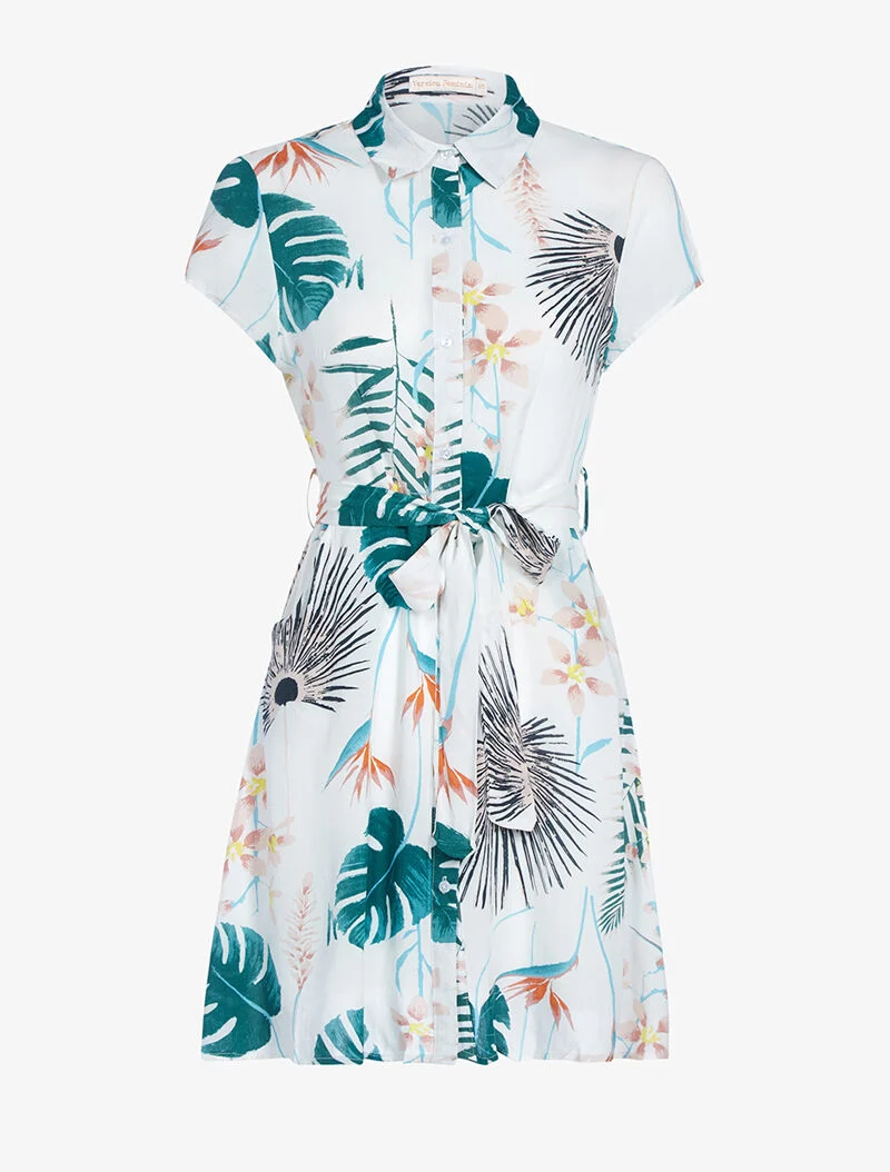 Blusenkleid mit Blattdruck - weiß