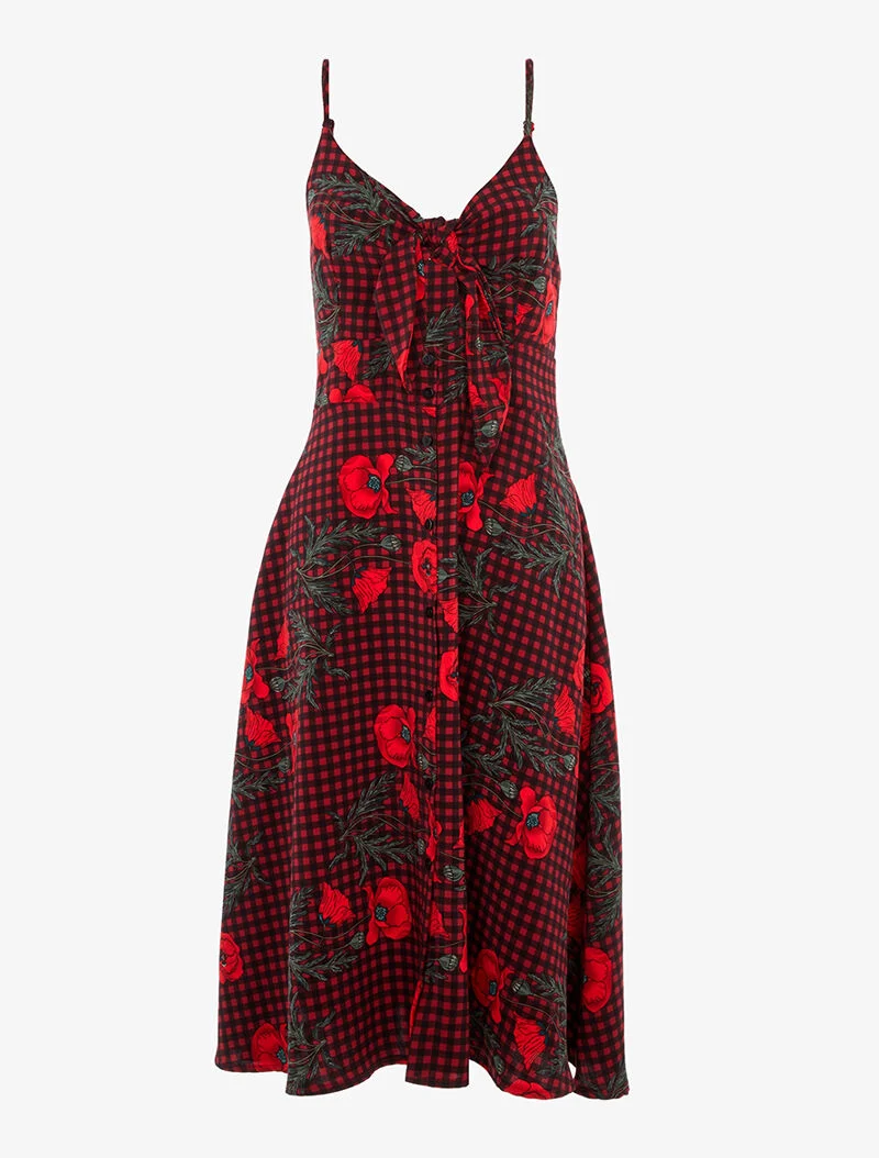 Trapezkleid mit Karos und Blumen - Rot/Schwarz