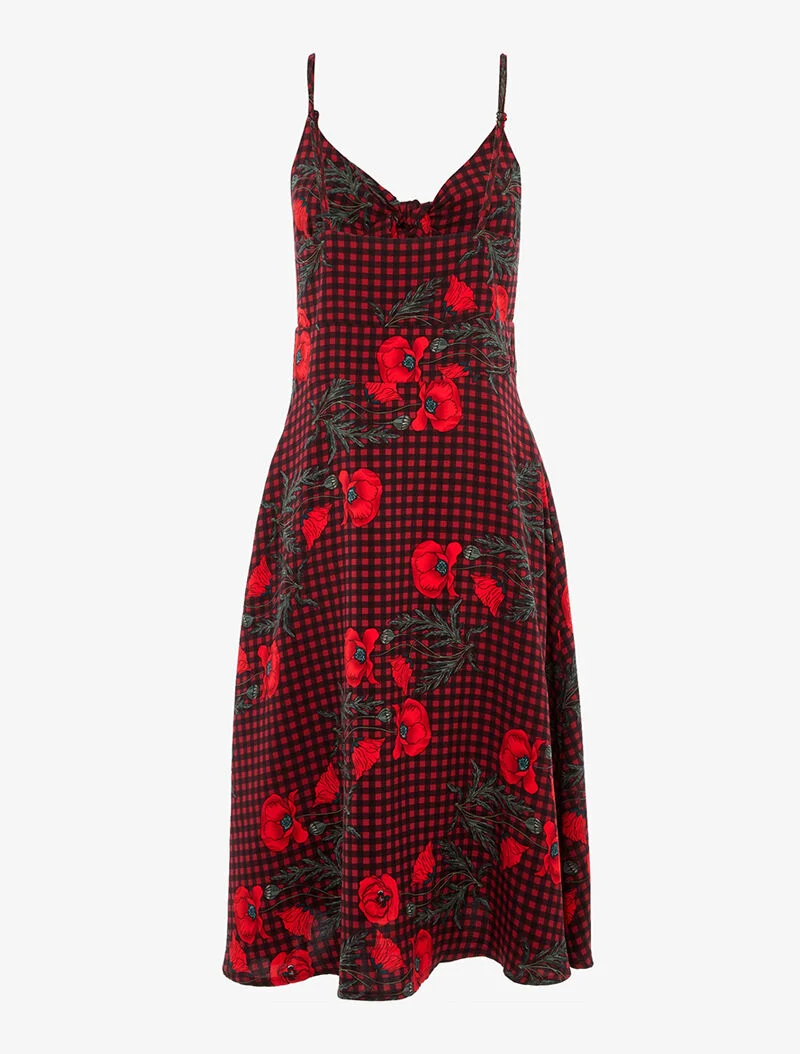 Trapezkleid mit Karos und Blumen - Rot/Schwarz