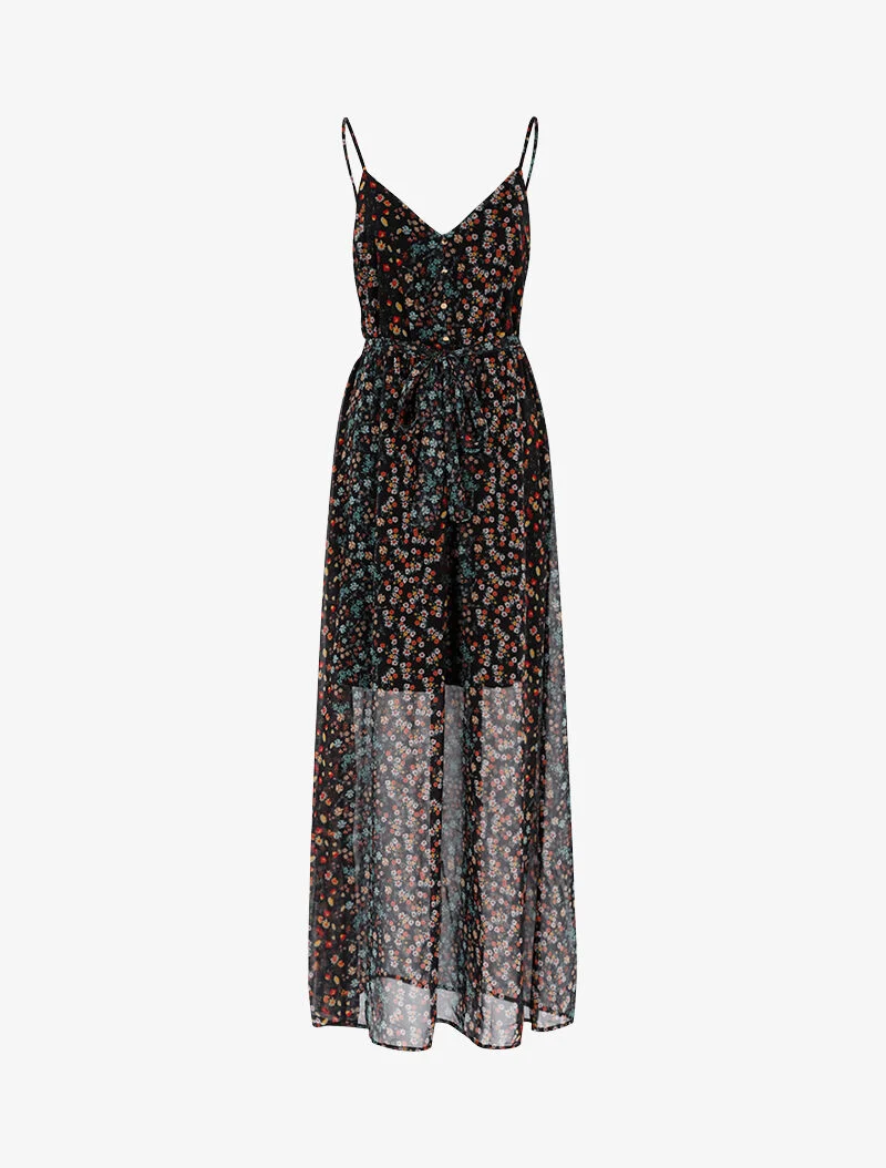 Langes Kleid mit Blumenmuster - schwarz