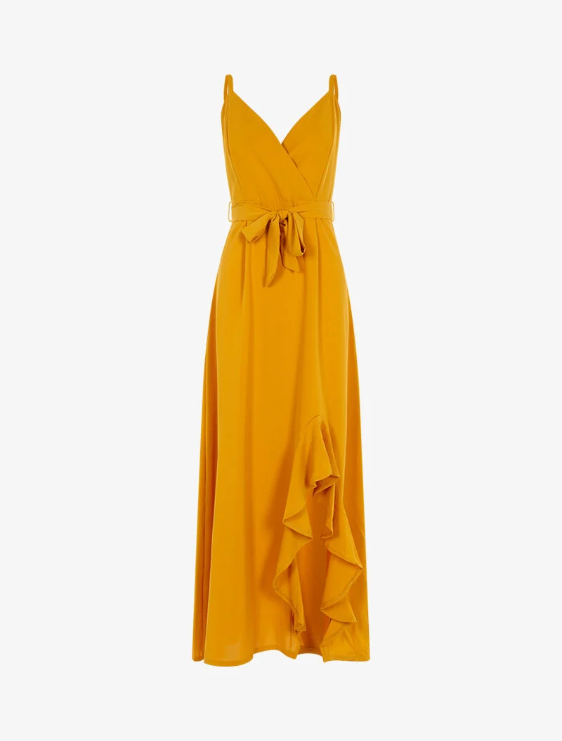 Langes Kleid mit geschlitztem Volant-Saum - gelb