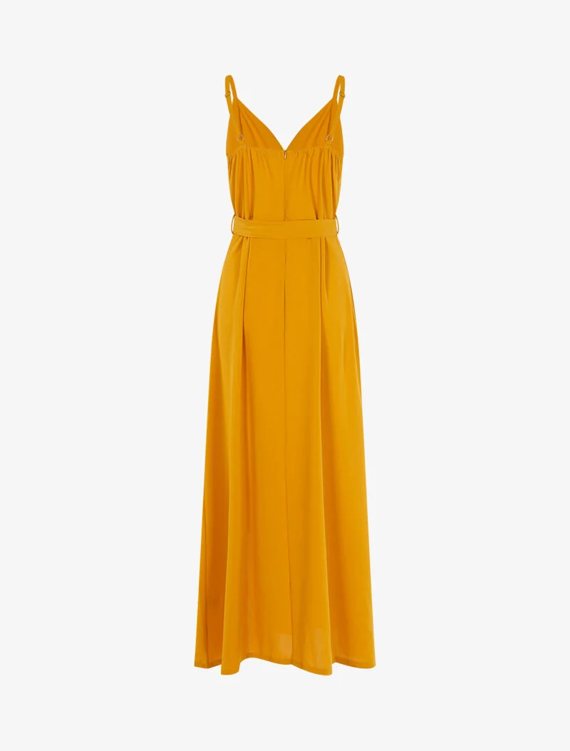 Langes Kleid mit geschlitztem Volant-Saum - gelb