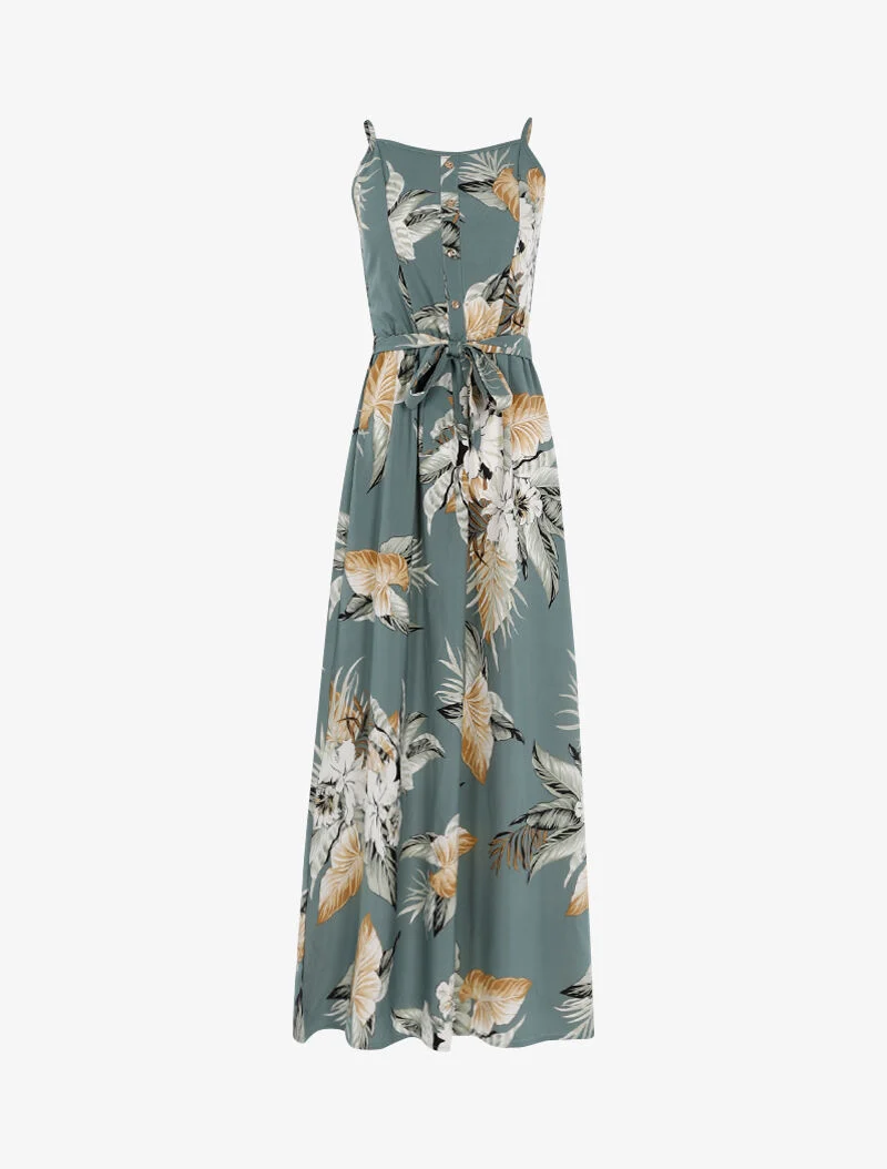 Langes Kleid mit tropischem Print - blaugrau