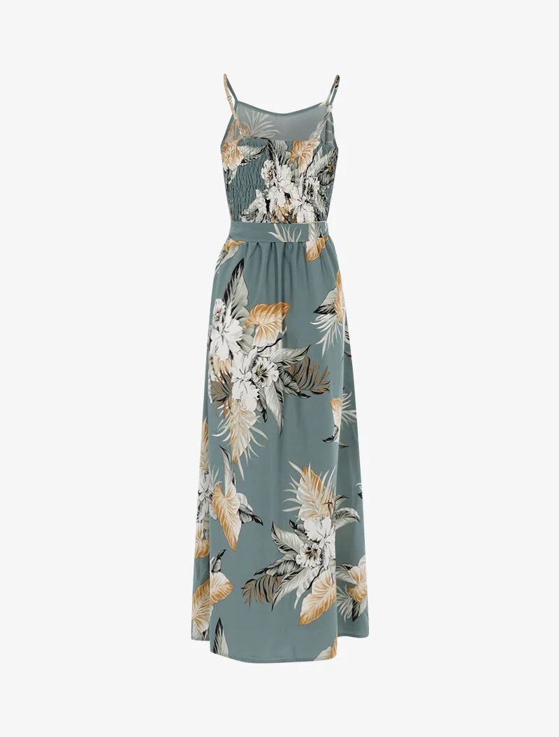 Langes Kleid mit tropischem Print - blaugrau
