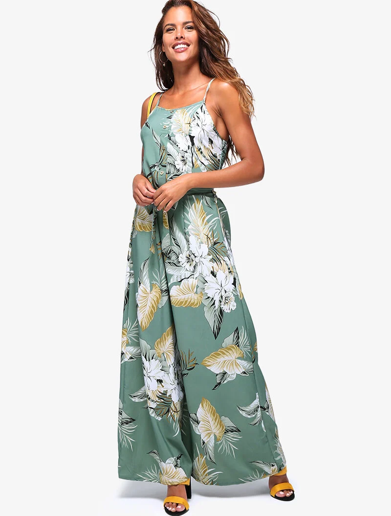 Langes Kleid mit tropischem Print - blaugrau