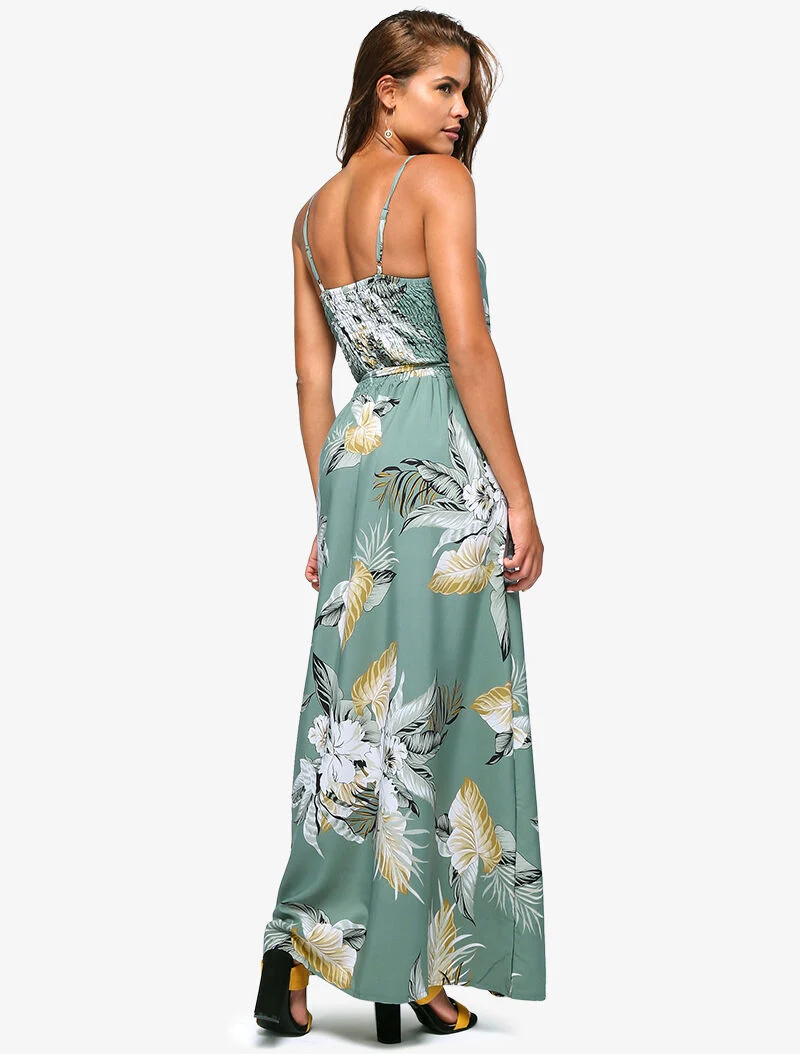 Langes Kleid mit tropischem Print - blaugrau