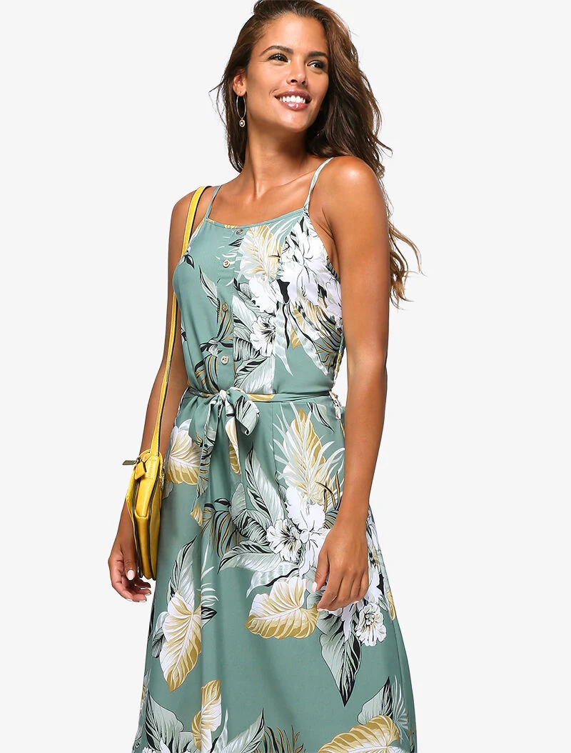 Langes Kleid mit tropischem Print - blaugrau