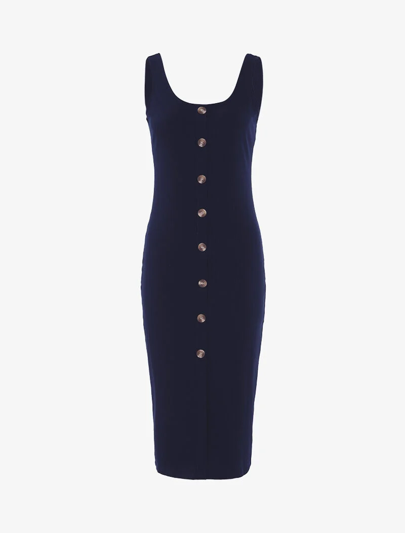 Geripptes Kleid mit Knopfleiste - Marine