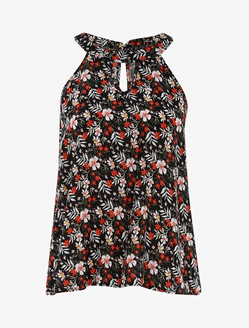 Blumiges Top mit amerikanischem Kragen - schwarz
