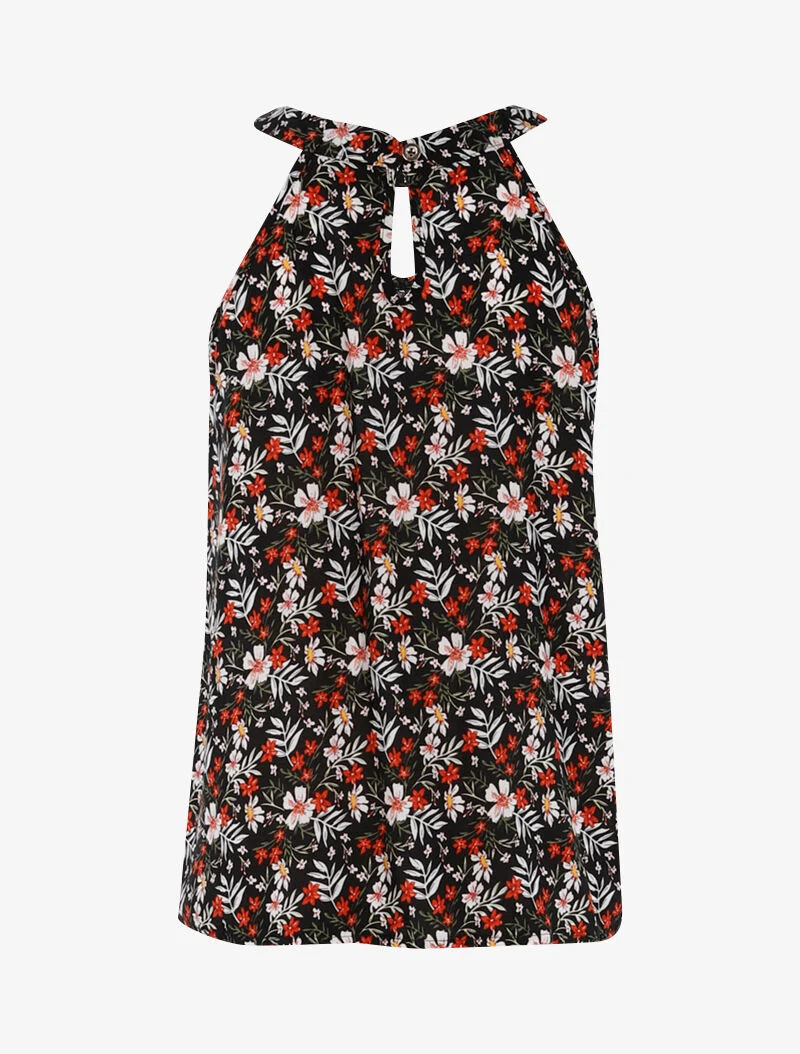 Blumiges Top mit amerikanischem Kragen - schwarz