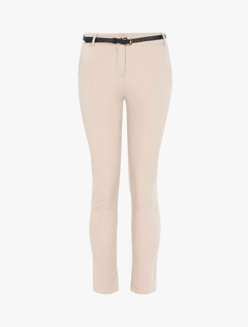 Einfarbige Hose mit Gürtel - beige
