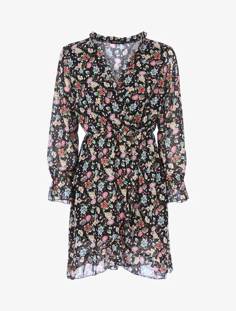 Wickelkleid mit Frühlingsmuster - Schwarz