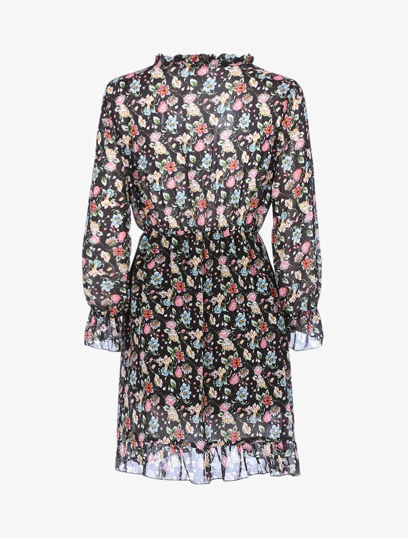 Wickelkleid mit Frühlingsmuster - Schwarz