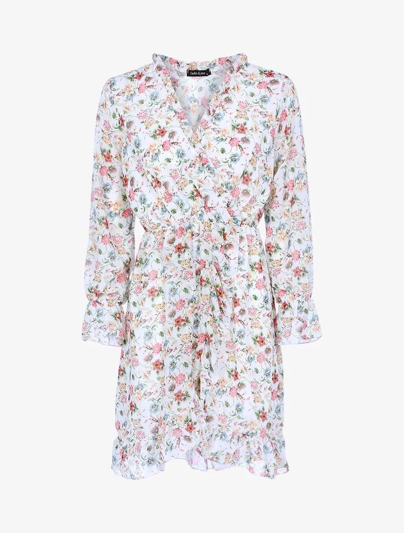 Wickelkleid mit Frühlingsmuster - Ecru
