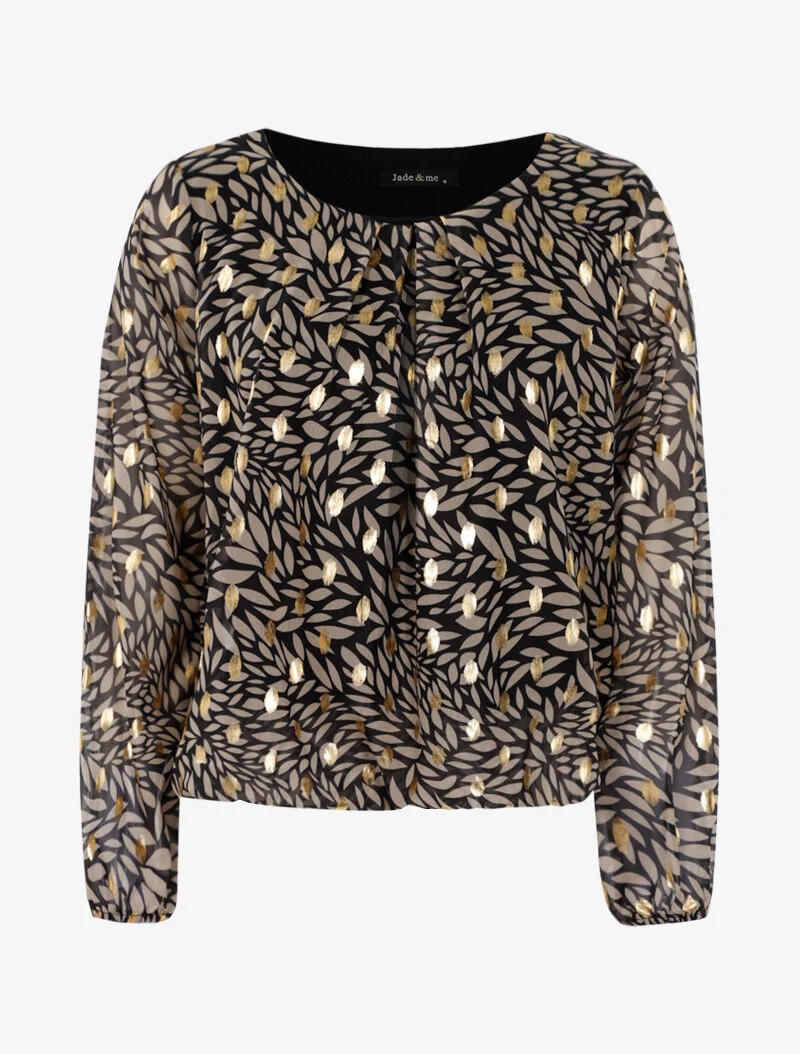 Bluse mit Blattmuster und Goldakzenten. - schwarz