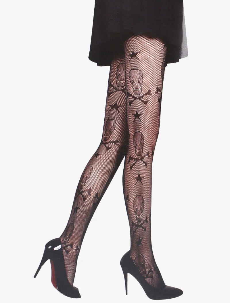Netzstrumpfhose mit Totenkopf-Print - schwarz