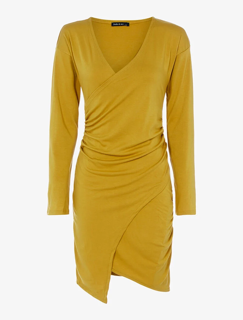 Wickelkleid aus Stretchstoff - Senf