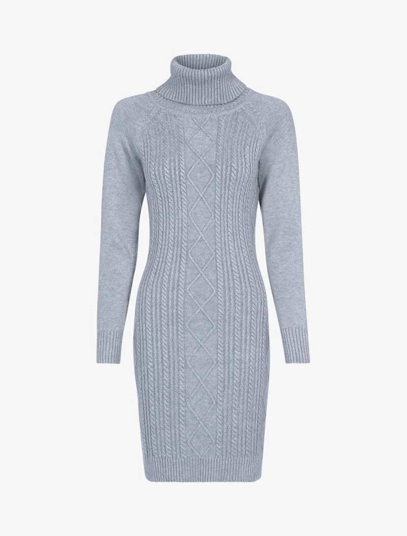 Rollkragen-Strickkleid mit Zopfmuster - Grau