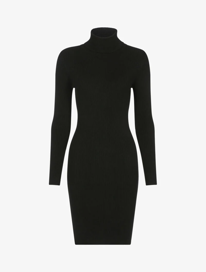 Geripptes Rollkragen-Strickkleid - schwarz