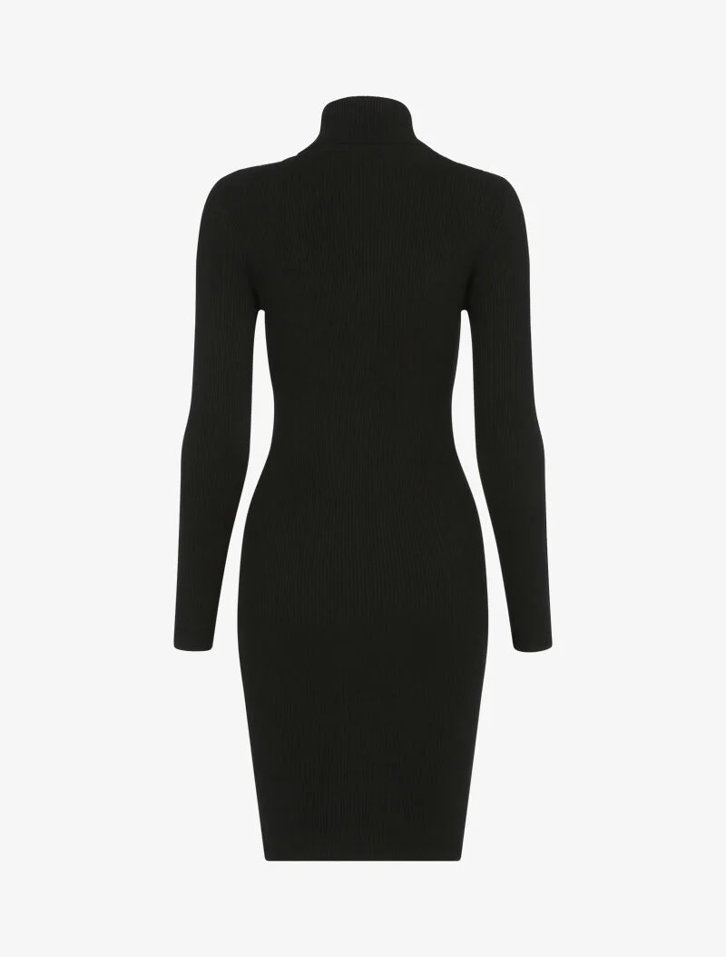 Geripptes Rollkragen-Strickkleid - schwarz