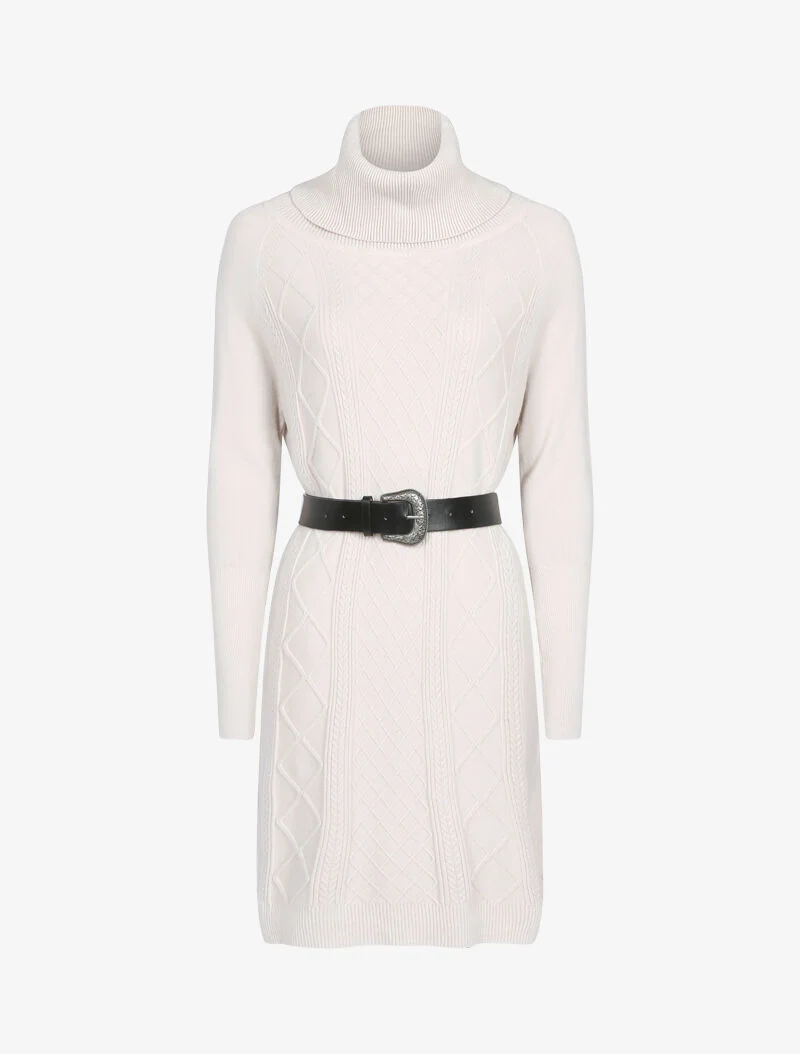 Pulloverkleid mit Bischofsärmeln und geometrischen Details - beige
