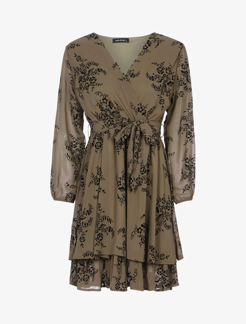 Skaterkleid mit Samteffekt und grafischen Blumen - dunkles Taupe - Maulwurf