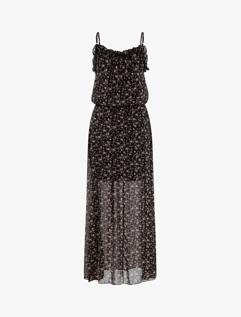 Langes Kleid mit kleinem Blumenmuster - schwarz