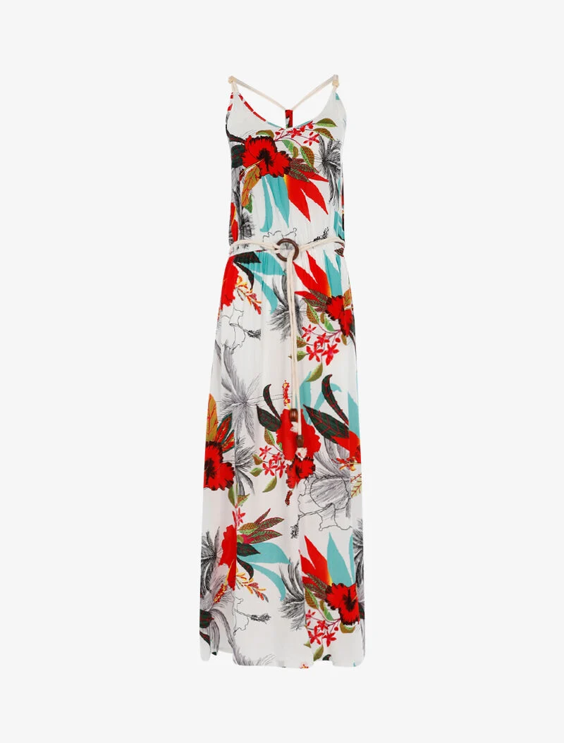 Kleid mit tropischem Druck und Seildetails. - weiß