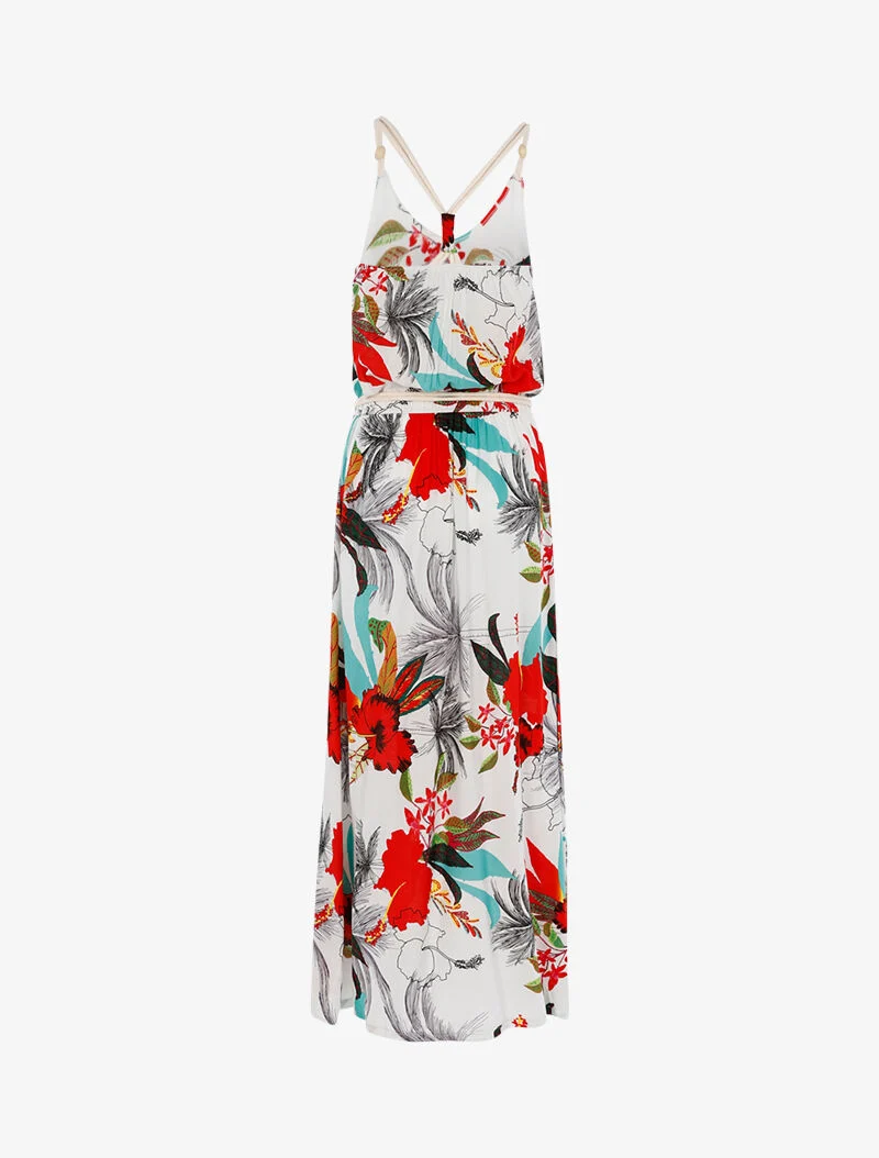 Kleid mit tropischem Druck und Seildetails. - weiß