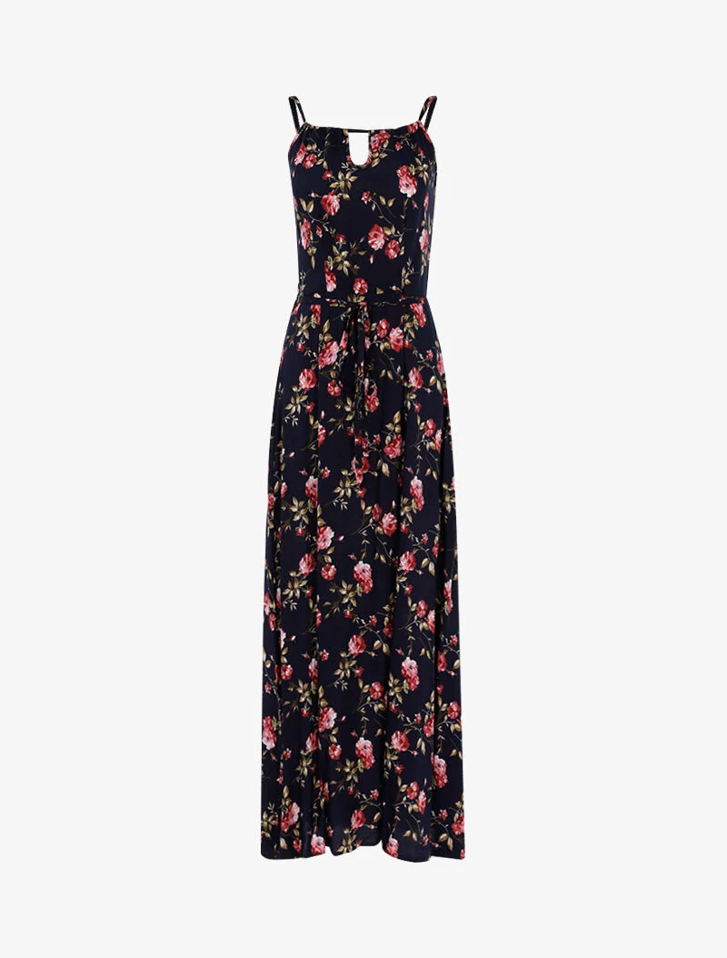 Langes Kleid mit Pfingstrosenprint - Marine