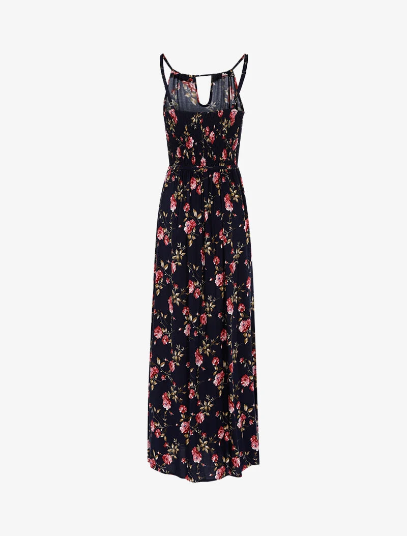 Langes Kleid mit Pfingstrosenprint - Marine