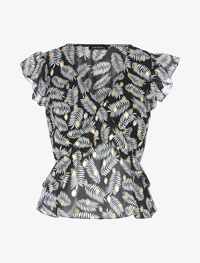 Volant-Top aus bedrucktem Blattmuster-Georgette - schwarz