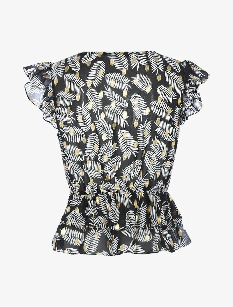Volant-Top aus bedrucktem Blattmuster-Georgette - schwarz